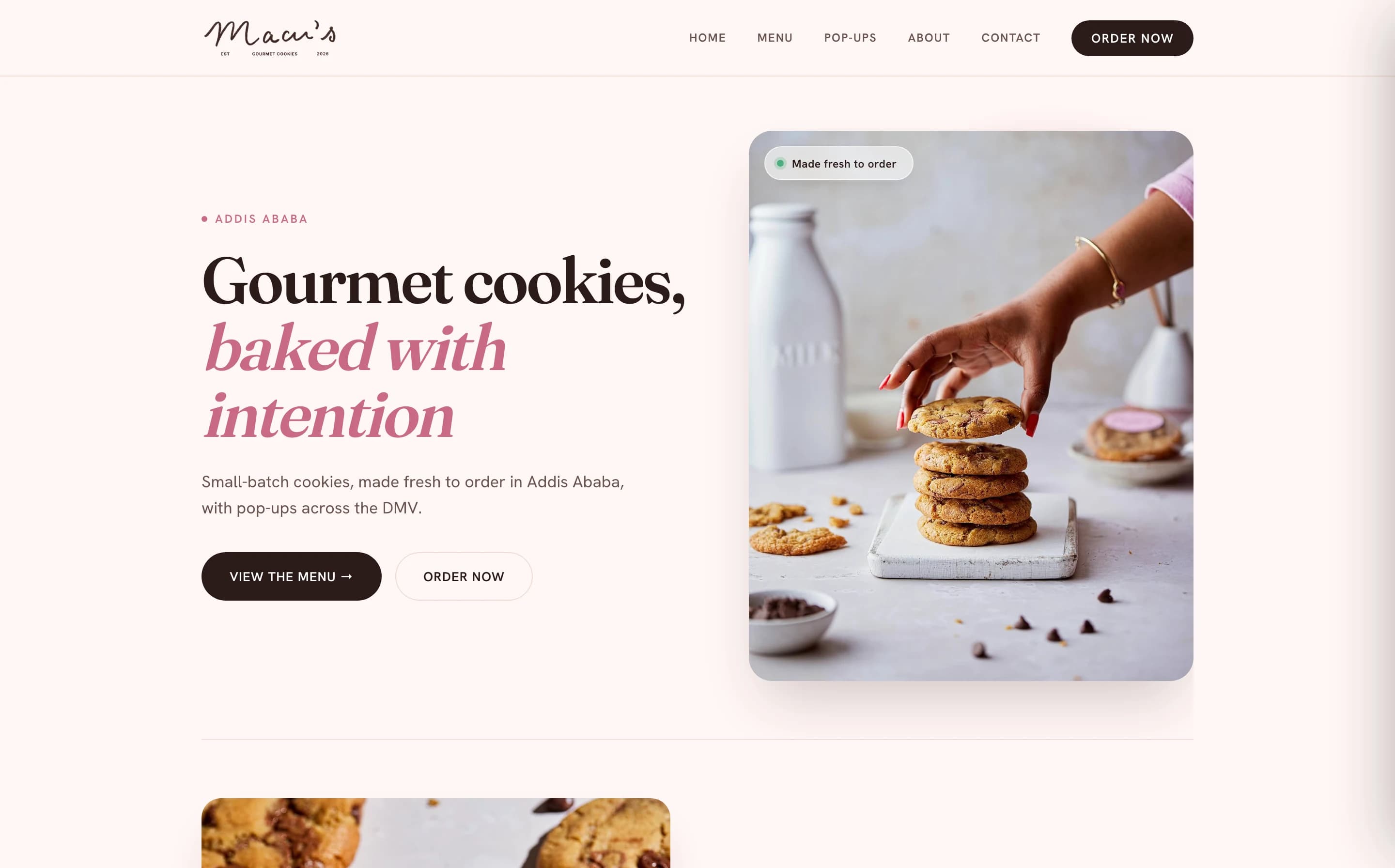 The Macu's Gourmet homepage, showing the cookie menu and an order button