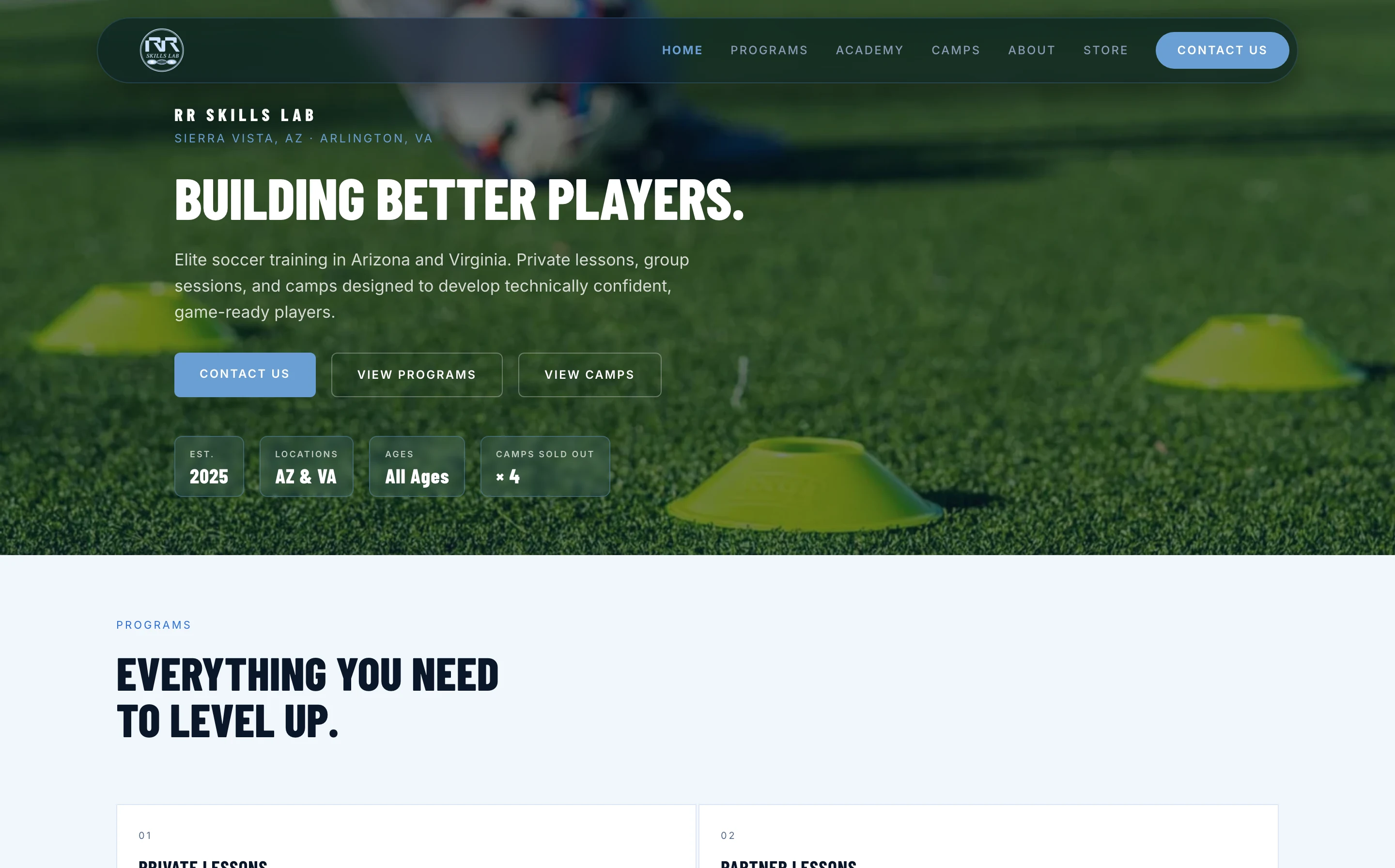 The RR Skills Lab homepage, showing the academy hero and program links